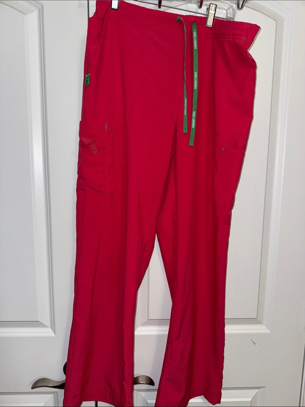 Carhartt Red Cargo Scrub Pants with Green Drawstring